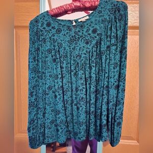 Knox Rose Teal and Black Floral Blouse